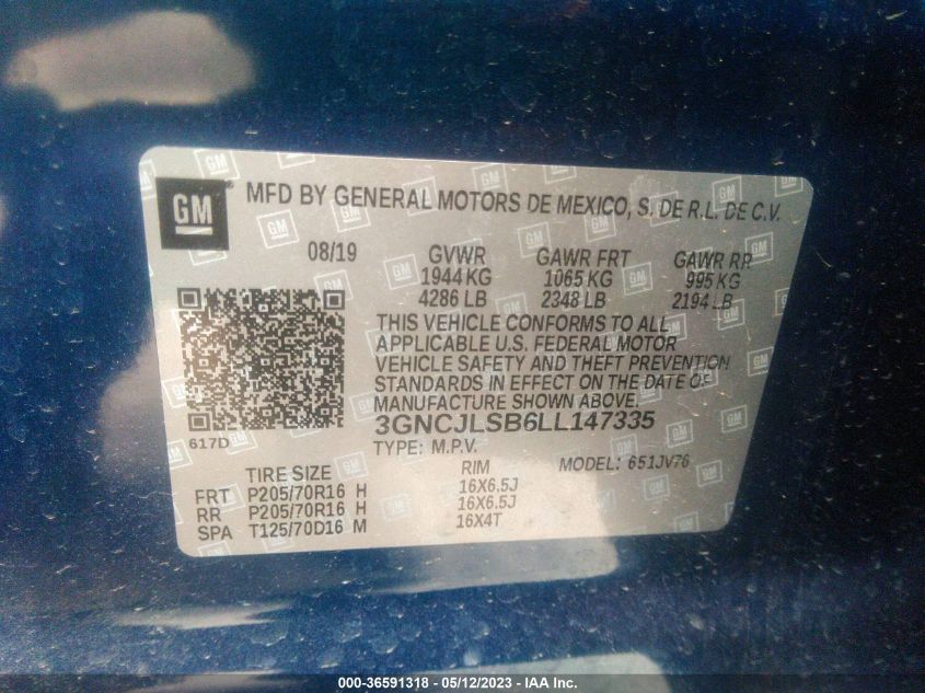 2020 CHEVROLET TRAX LT - 3GNCJLSB6LL147335
