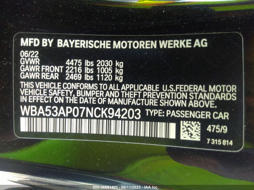 2022 BMW 4 SERIES 430I - WBA53AP07NCK94203