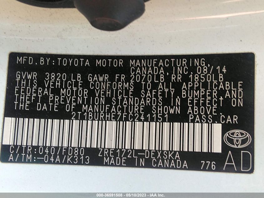 2015 TOYOTA COROLLA L/LE/S/S PLUS/LE PLUS - 2T1BURHE7FC241151