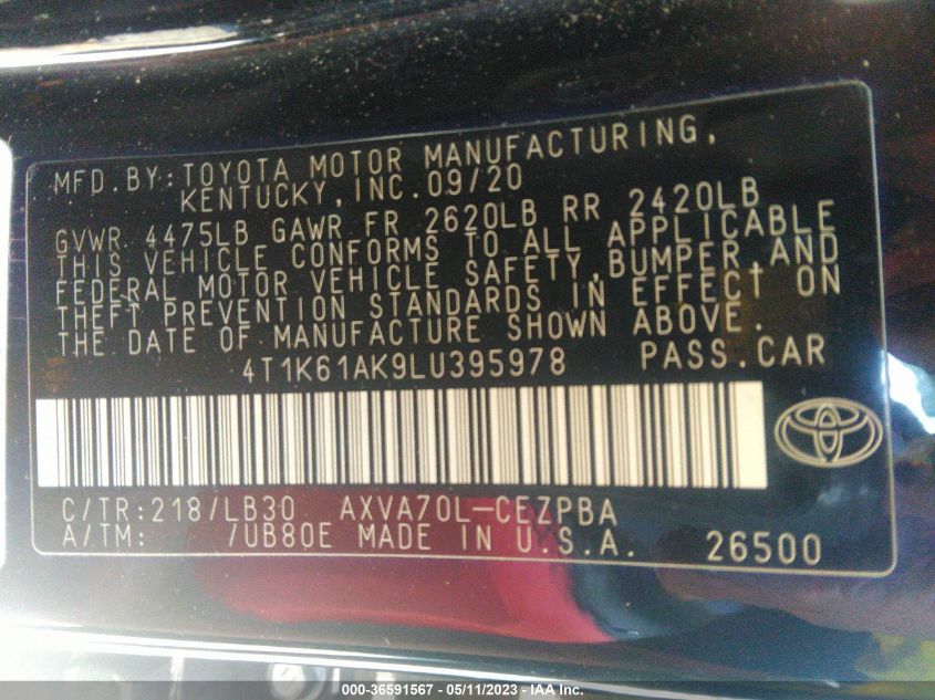 2020 TOYOTA CAMRY XSE - 4T1K61AK9LU395978