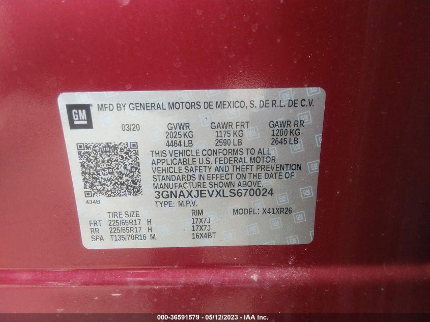 2020 CHEVROLET EQUINOX LT - 3GNAXJEVXLS670024