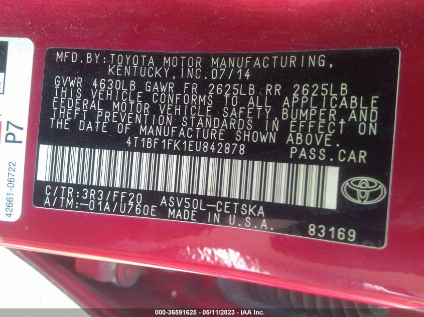 2014 TOYOTA CAMRY L/LE/XLE/SE/SE SPORT - 4T1BF1FK1EU842878