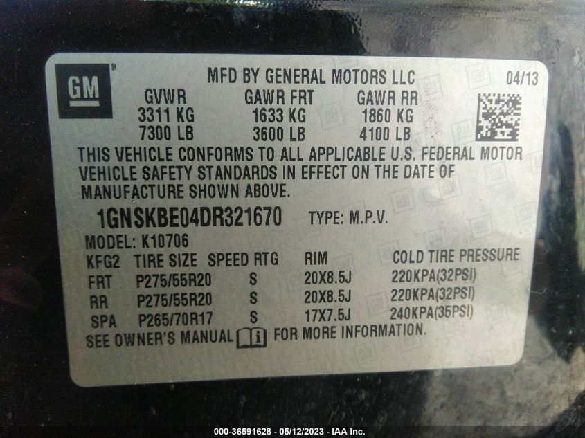 2013 CHEVROLET TAHOE LT - 1GNSKBE04DR321670