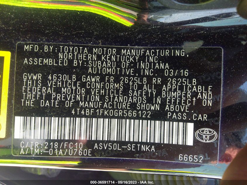 2016 TOYOTA CAMRY XLE/SE/LE/XSE - 4T4BF1FK0GR566122