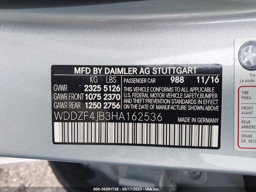 VIN WDDZF4JB3HA162536 2017 MERCEDES-BENZ E-CLASS E 300 LUXURY