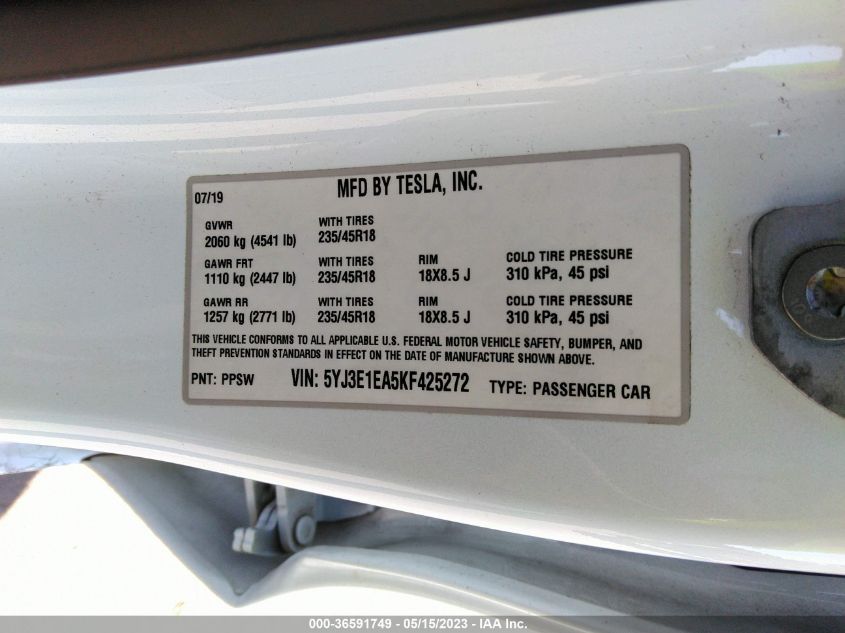 2019 TESLA MODEL 3 RANGE - 5YJ3E1EA5KF425272