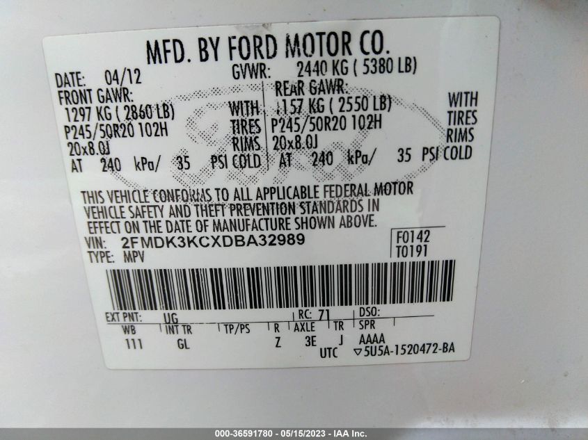 2FMDK3KCXDBA32989 2013 FORD EDGE, photo no. 9