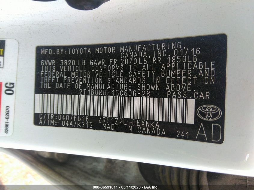 2016 TOYOTA COROLLA L/LE/S/S PLUS/LE PLUS - 2T1BURHE1GC606828