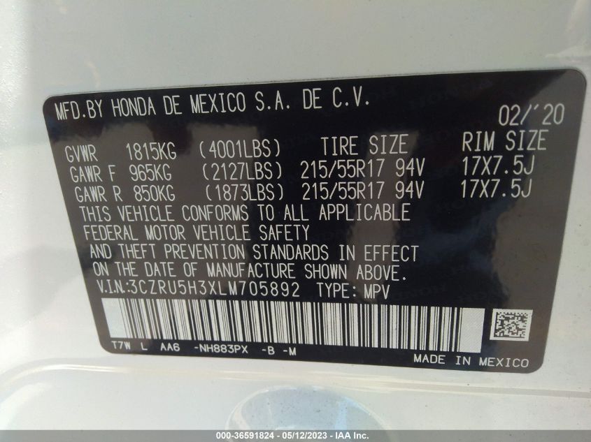 2020 HONDA HR-V LX - 3CZRU5H3XLM705892