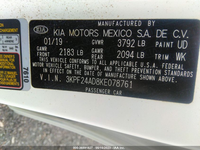 2019 KIA FORTE LXS - 3KPF24AD8KE078761