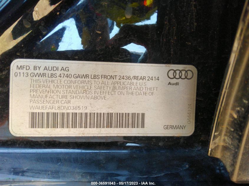 2013 AUDI A4 PREMIUM PLUS - WAUEFAFL8DN036519