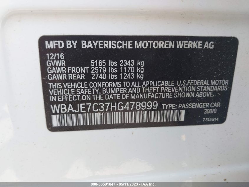2017 BMW 5 SERIES 540I XDRIVE - WBAJE7C37HG478999