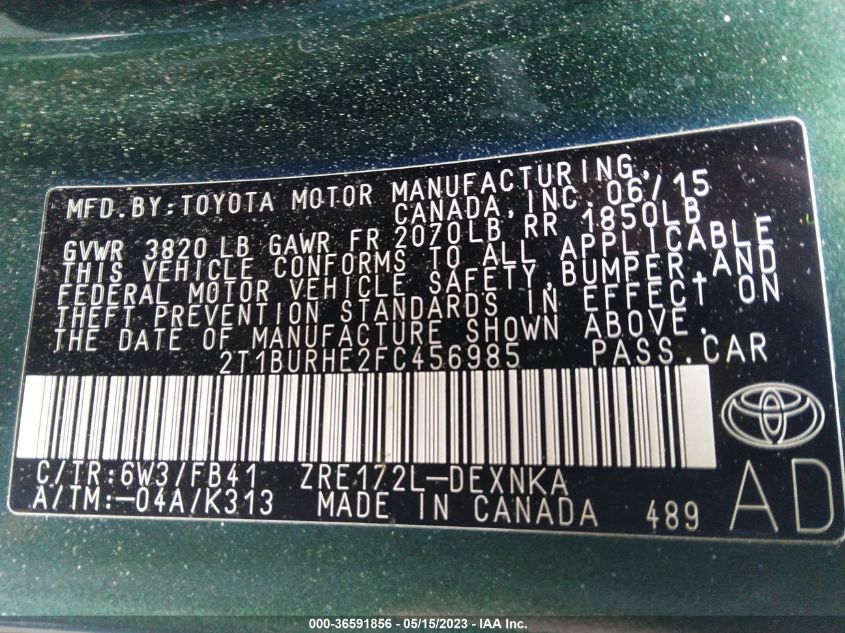 2015 TOYOTA COROLLA L/LE/S/S PLUS/LE PLUS - 2T1BURHE2FC456985