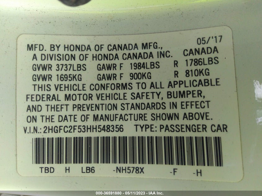 VIN 2HGFC2F53HH548356 2017 HONDA CIVIC SEDAN LX