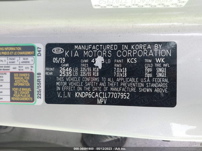 VIN KNDP6CAC1L7707952 2020 KIA SPORTAGE S