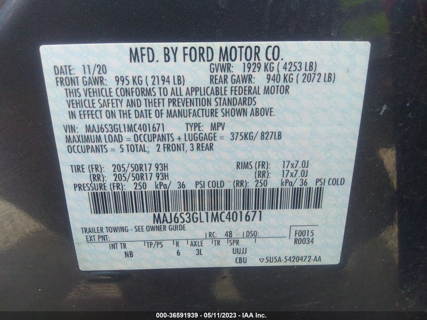 VIN MAJ6S3GL1MC401671 2021 FORD ECOSPORT SE