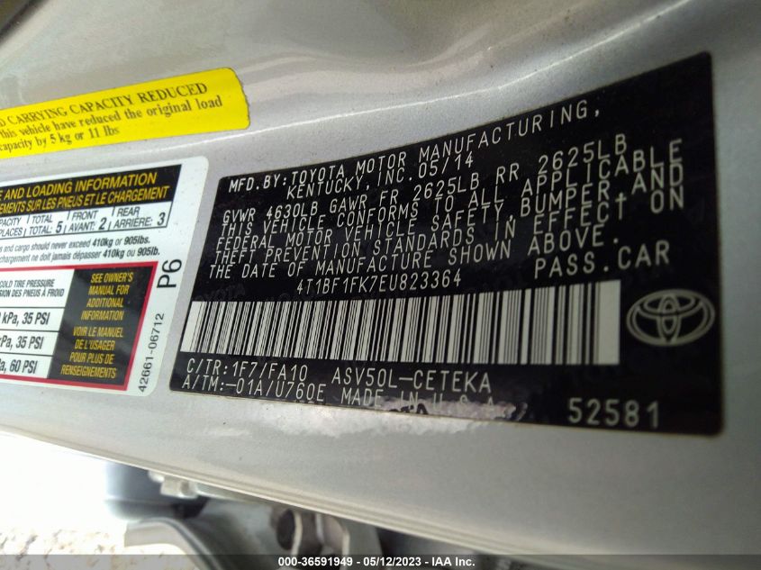 2014 TOYOTA CAMRY L/LE/XLE/SE/SE SPORT - 4T1BF1FK7EU823364
