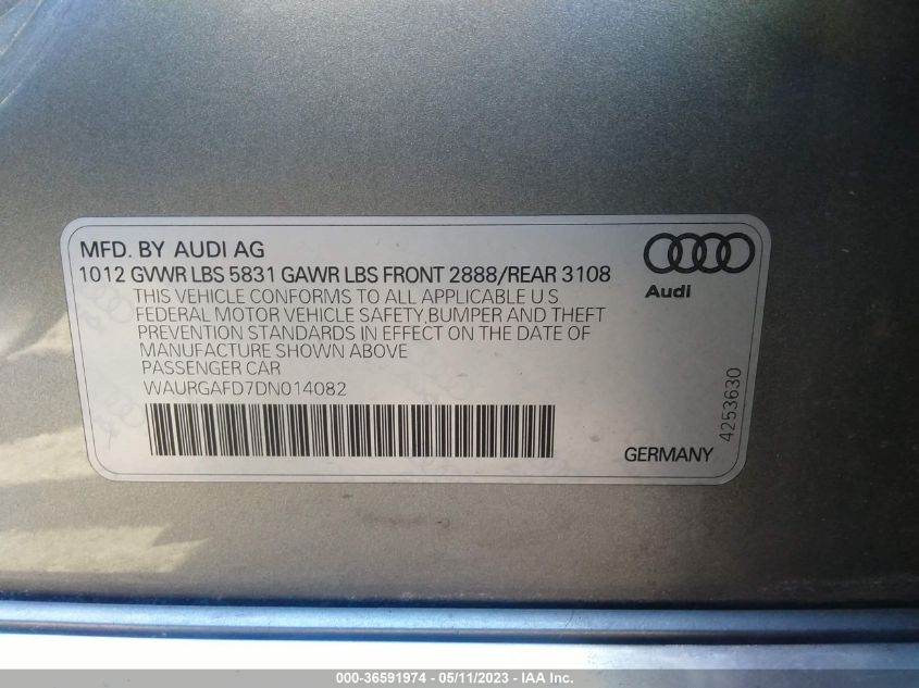 2013 AUDI A8 L 3.0L WAURGAFD7DN014082
