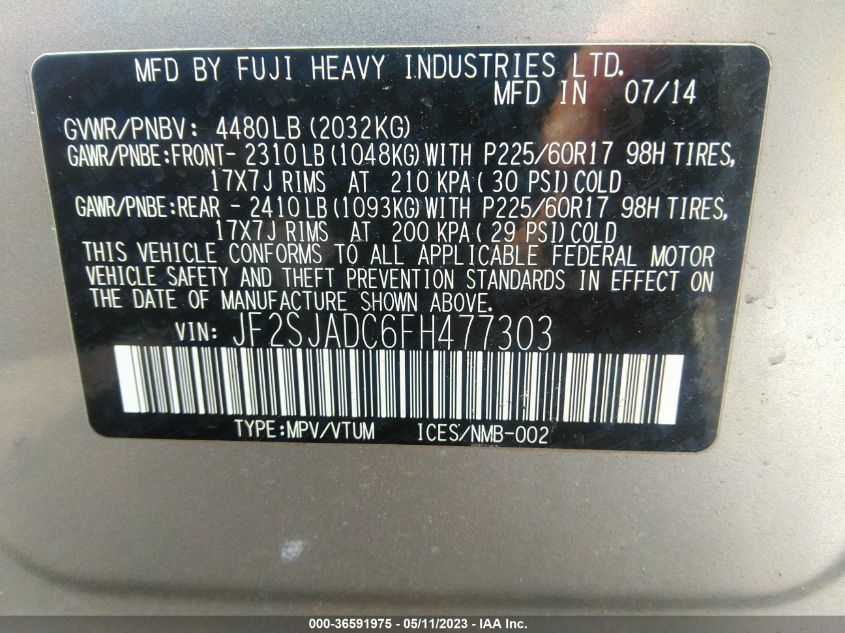 2015 SUBARU FORESTER 2.5I PREMIUM - JF2SJADC6FH477303