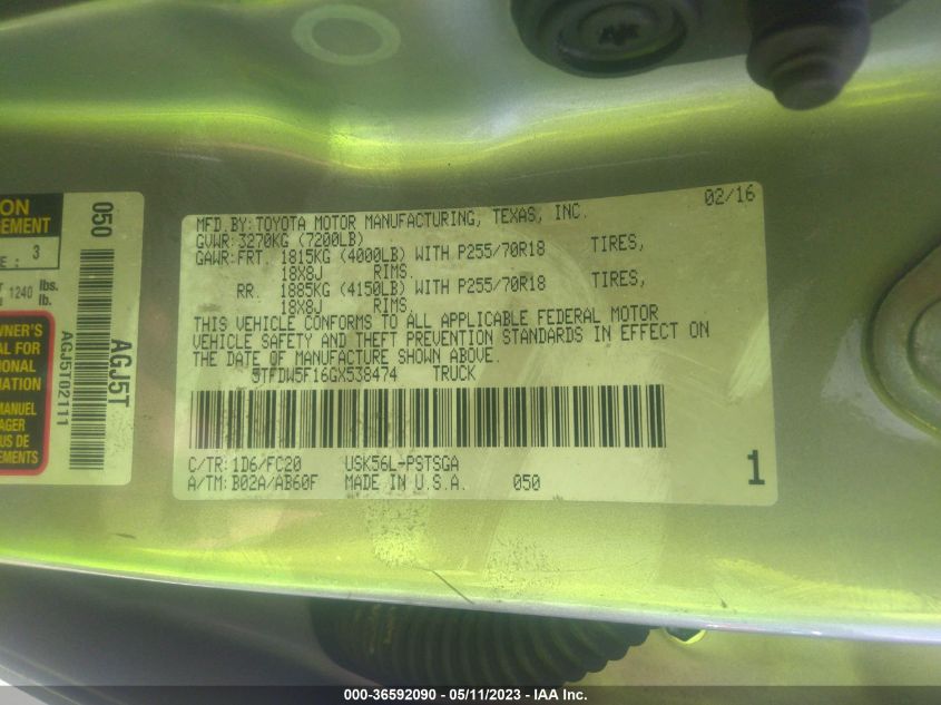 2016 TOYOTA TUNDRA 4WD TRUCK SR5/TRD PRO - 5TFDW5F16GX538474