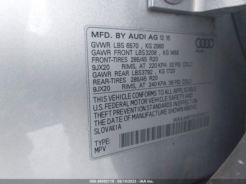 2017 AUDI Q7 PREMIUM PLUS - WA1LAAF73HD005177