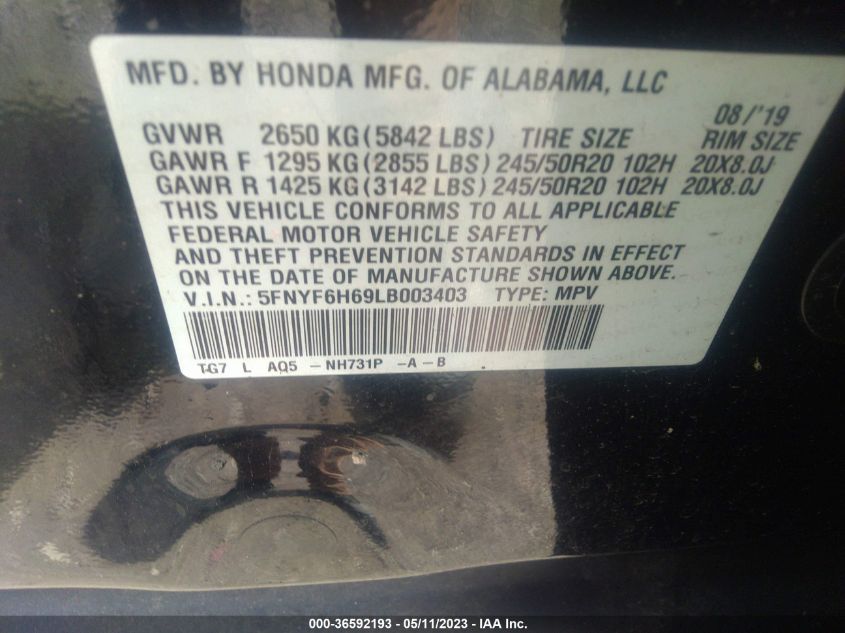 2020 HONDA PILOT TOURING 7-PASSENGER - 5FNYF6H69LB003403