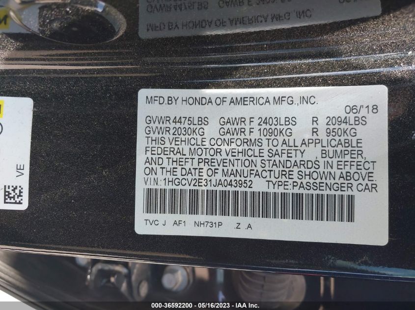 2018 HONDA ACCORD SEDAN SPORT 2.0T - 1HGCV2E31JA043952