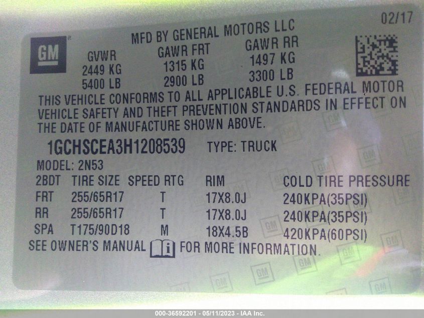 2017 CHEVROLET COLORADO 2WD LT - 1GCHSCEA3H1208539