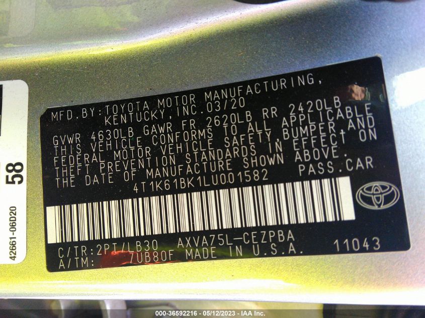 2020 TOYOTA CAMRY XSE - 4T1K61BK1LU001582