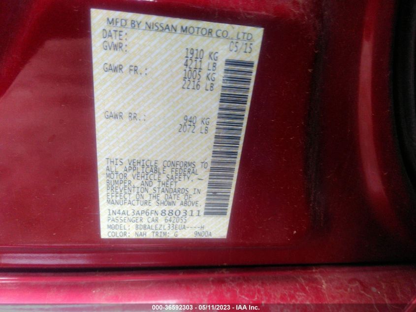 2015 NISSAN ALTIMA 2.5 S - 1N4AL3AP6FN880311