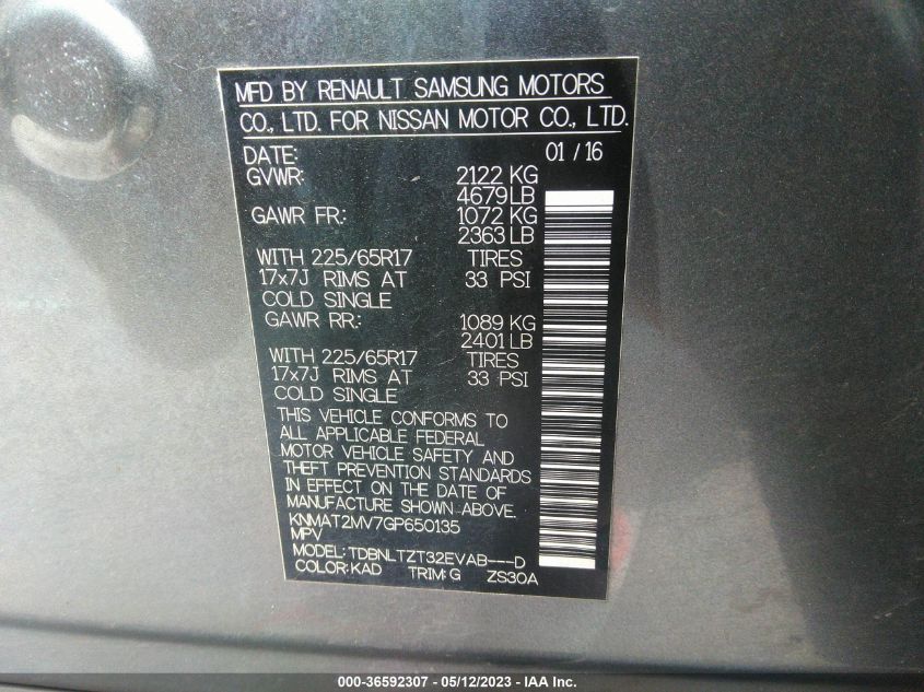 2016 NISSAN ROGUE SV - KNMAT2MV7GP650135
