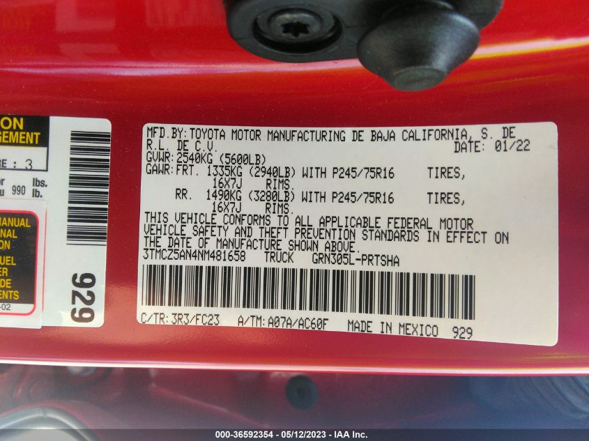 2022 TOYOTA TACOMA 4WD SR/SR5/TRD SPORT - 3TMCZ5AN4NM481658
