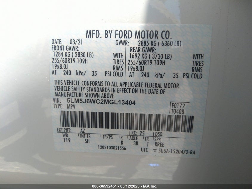 VIN 5LM5J6WC2MGL13404 2021 LINCOLN AVIATOR STANDARD