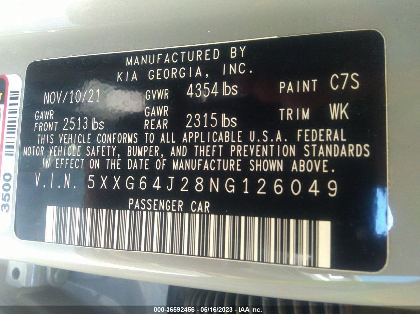 2022 KIA K5 GT-LINE - 5XXG64J28NG126049