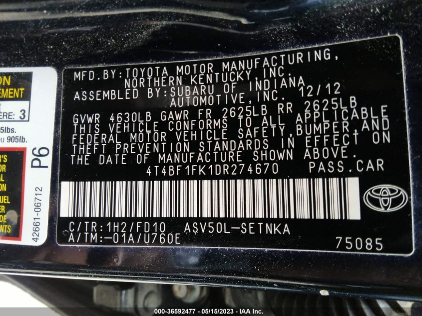 2013 TOYOTA CAMRY L/LE/SE/XLE - 4T4BF1FK1DR274670
