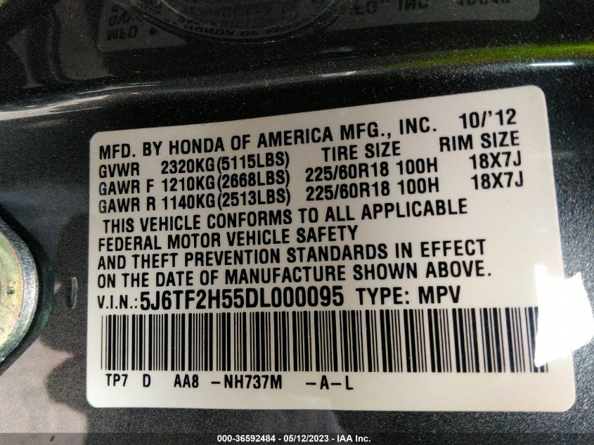 2013 HONDA CROSSTOUR EX-L 5J6TF2H55DL000095