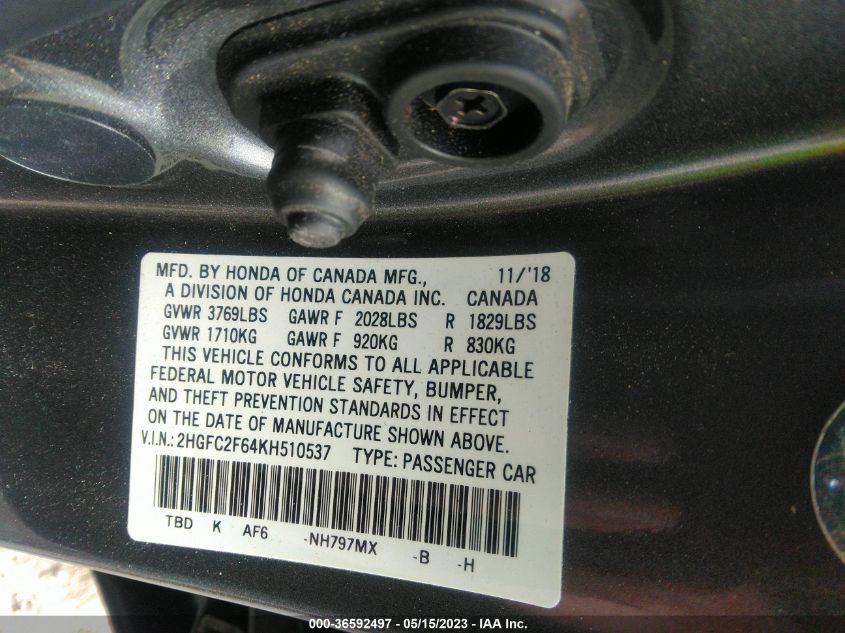 2019 HONDA CIVIC SEDAN LX - 2HGFC2F64KH510537