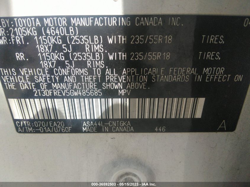 2016 TOYOTA RAV4 LIMITED - 2T3DFREV5GW485685