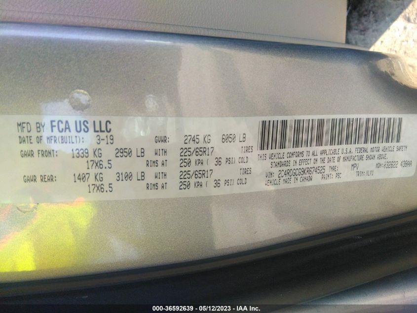 2019 DODGE GRAND CARAVAN SXT - 2C4RDGCG9KR674525