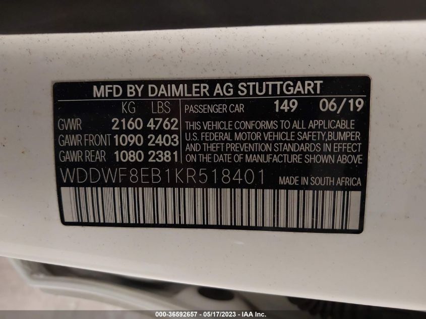 2019 MERCEDES-BENZ C-CLASS C 300 - WDDWF8EB1KR518401