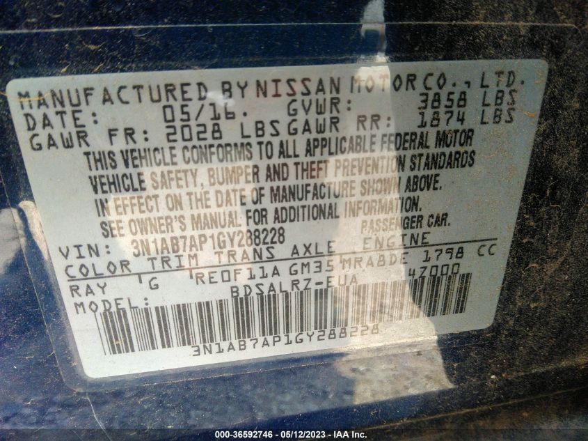 2016 NISSAN SENTRA SR/SL/S/SV/FE+ S - 3N1AB7AP6GYZ88228