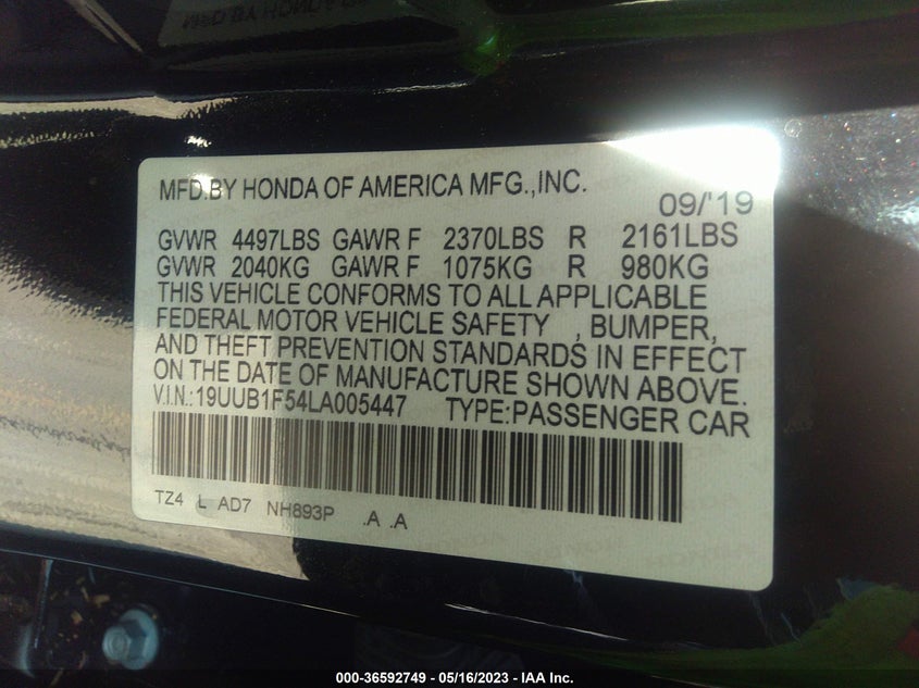 VIN 19UUB1F54LA005447 2020 ACURA TLX W/TECHNOLOGY PKG