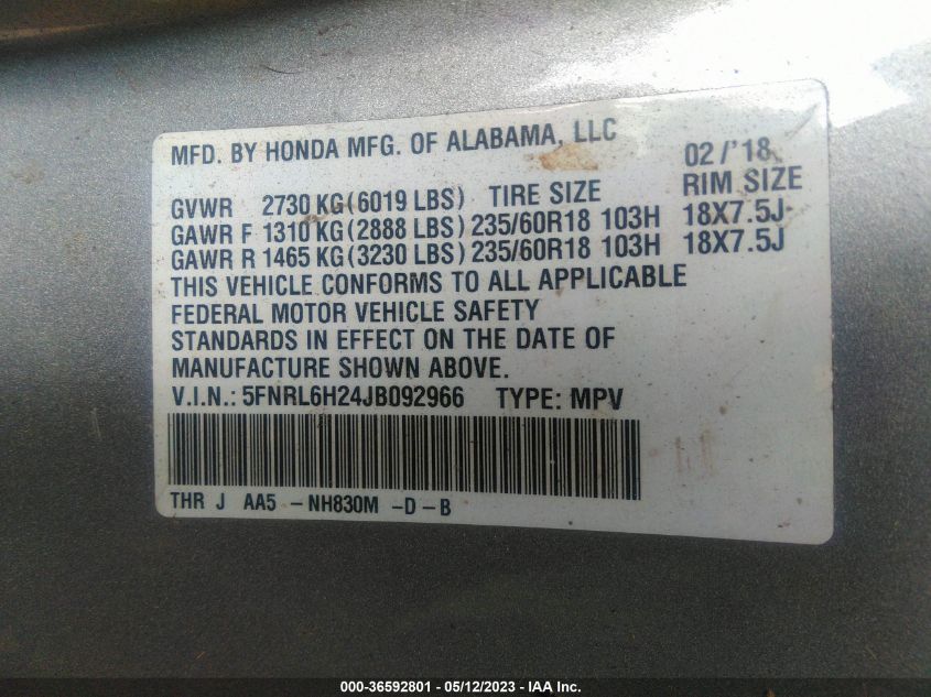 2018 HONDA ODYSSEY LX - 5FNRL6H24JB092966