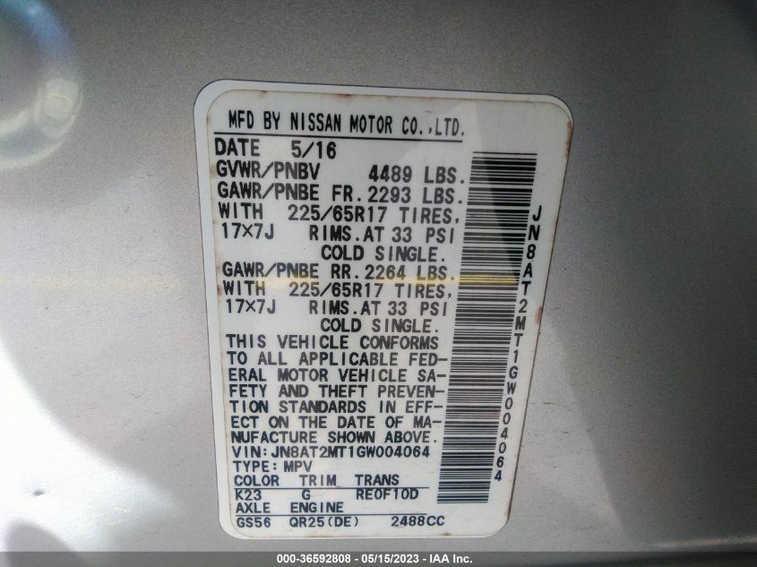 2016 NISSAN ROGUE S - JN8AT2MT1GW004064