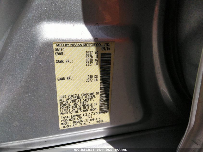 2017 NISSAN ALTIMA 2.5 SR - 1N4AL3AP9HC117729