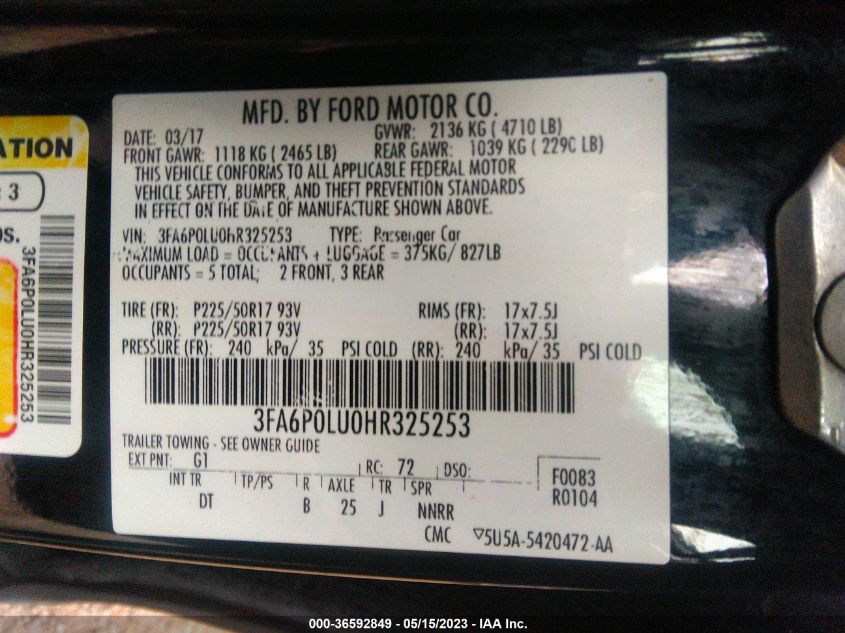 2017 FORD FUSION HYBRID SE - 3FA6P0LU0HR325253