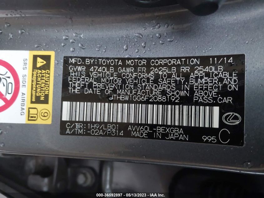 2015 LEXUS ES 300H HYBRID JTHBW1GG6F2088192