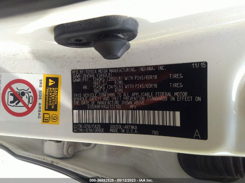 2016 TOYOTA HIGHLANDER LE - 5TDZKRFHXGS122102