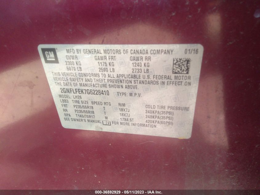 2016 CHEVROLET EQUINOX LT 2GNFLFEK7G6228410