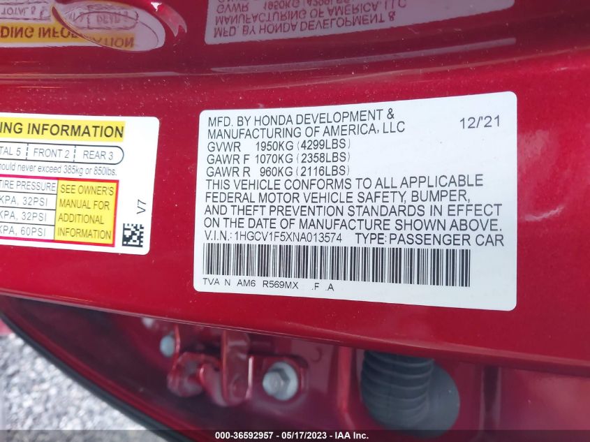 2022 HONDA ACCORD SEDAN EX-L - 1HGCV1F5XNA013574